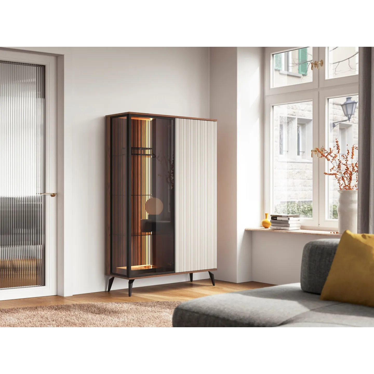 Vitrinenschrank VICI WT-103 mit Glasfront Weiß/Walnuss