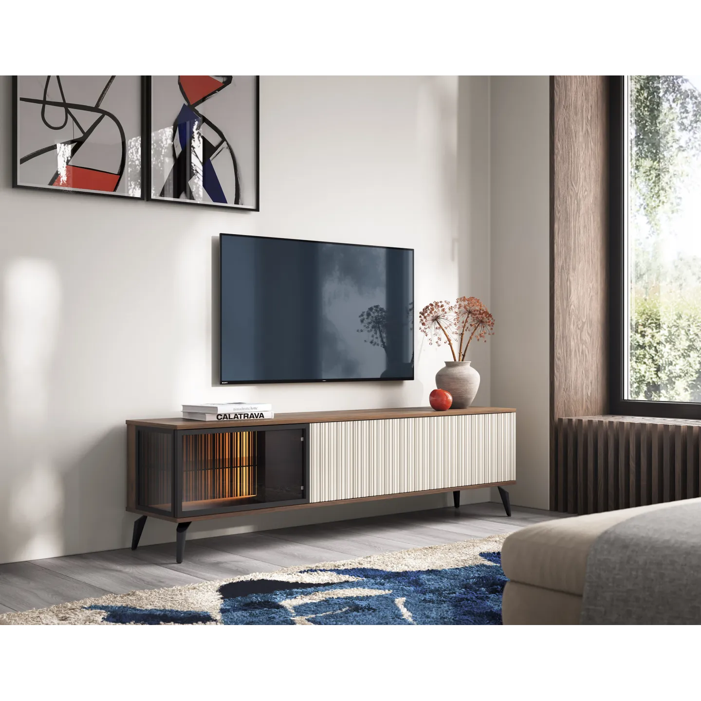 TV-Lowboard VICI RTV-180 Weiß/Walnuss 180 cm