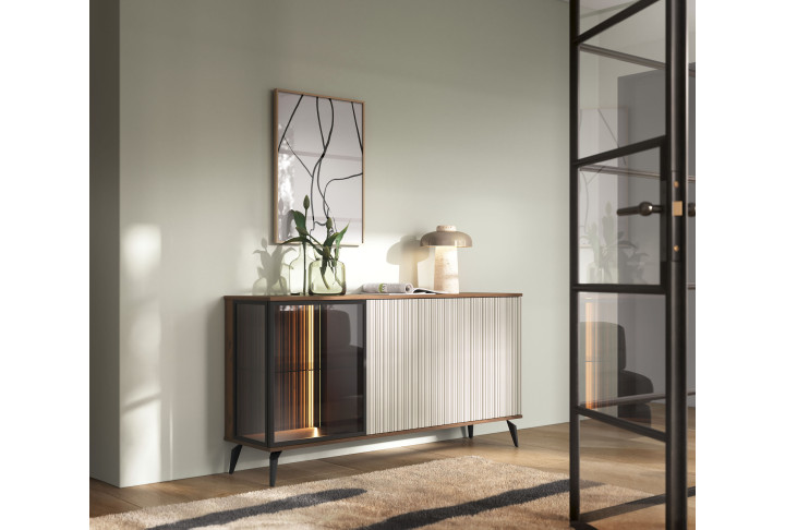 Sideboard VICI K-154 Weiß/Walnuss 154 cm mit Glasfront