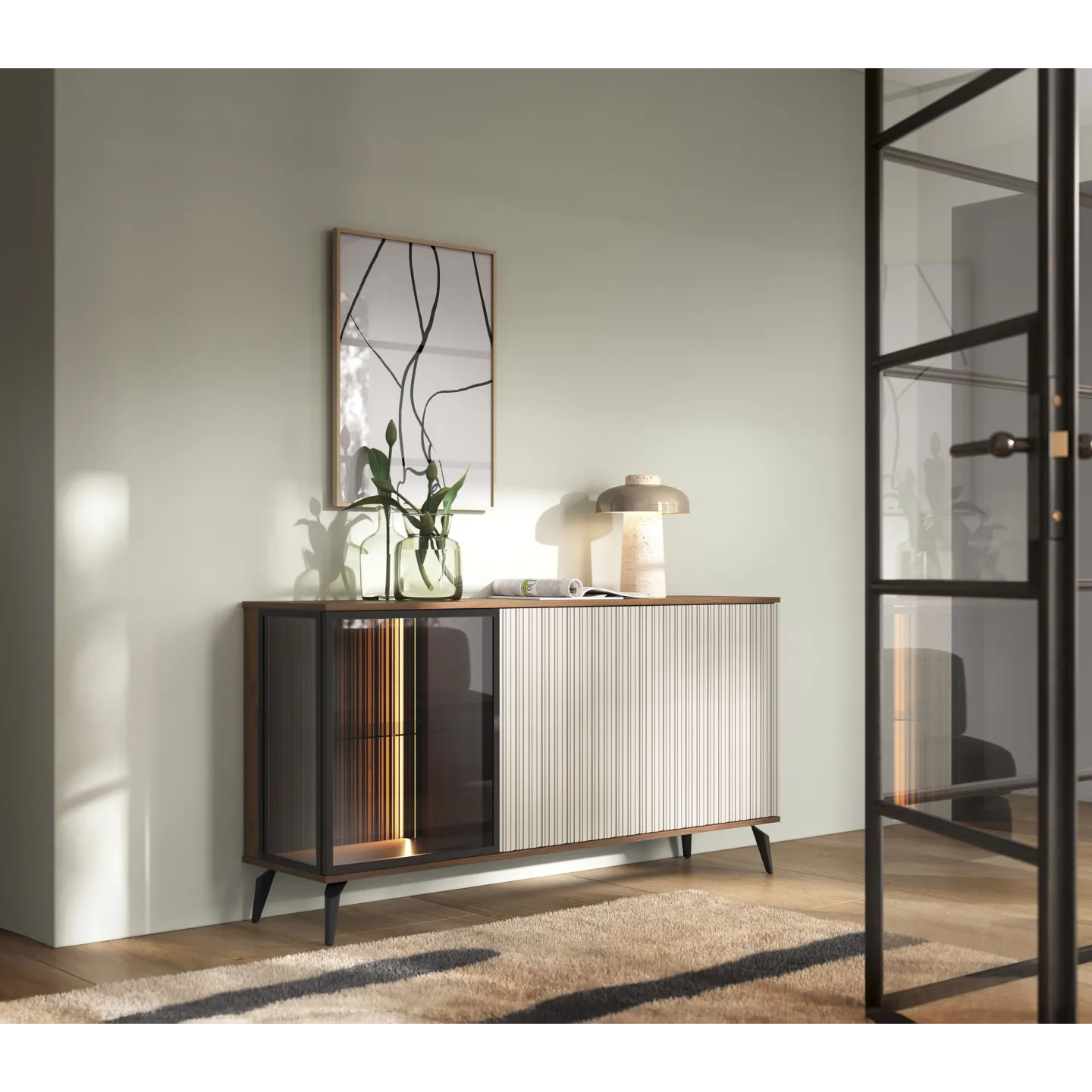 Sideboard VICI K-154 Weiß/Walnuss 154 cm mit Glasfront