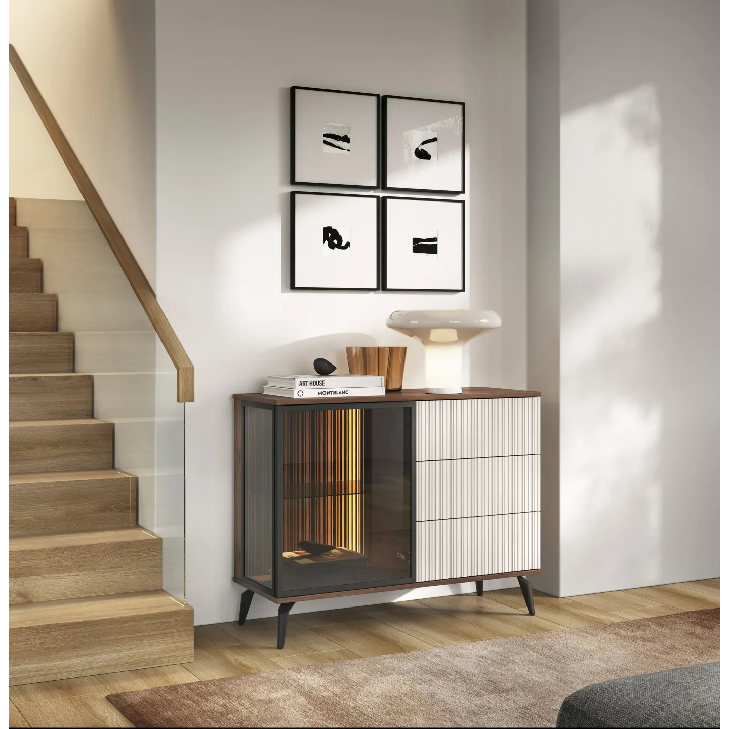 Sideboard VICI KSZ-103 Weiß/Walnuss mit Glasfront