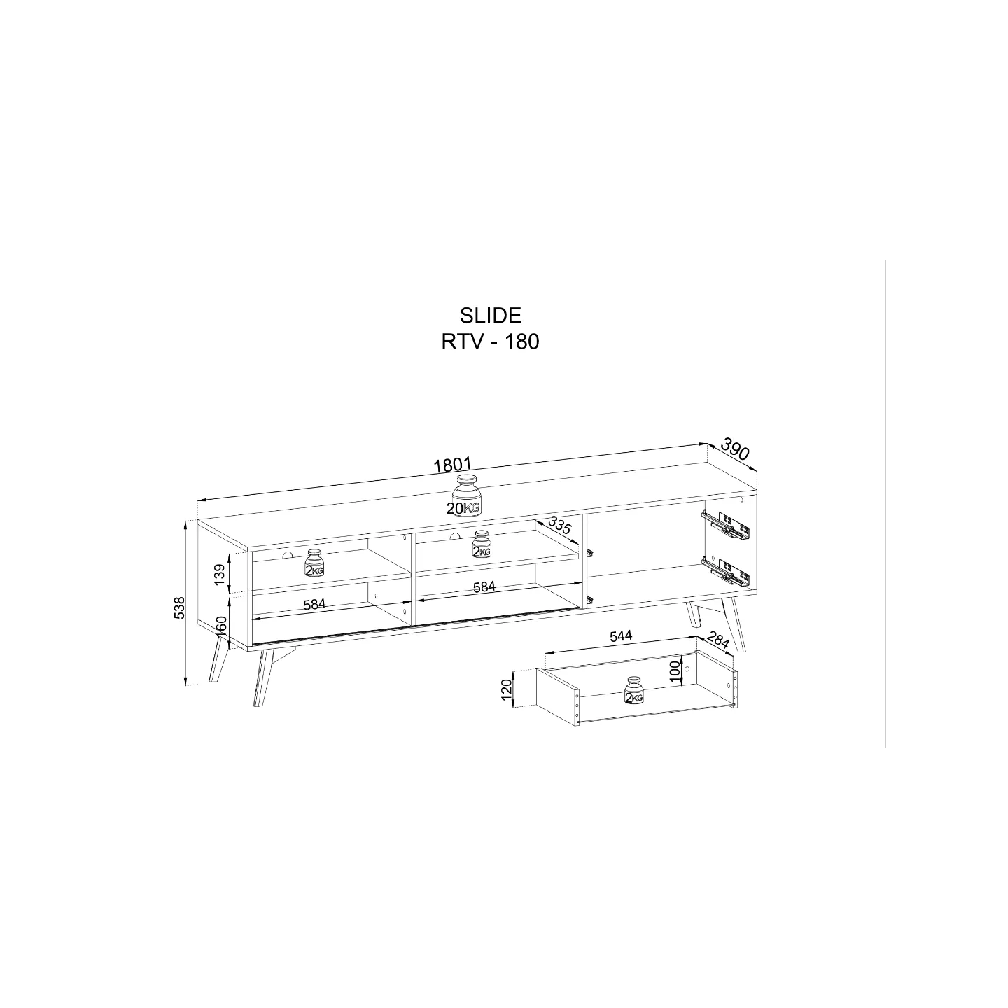 TV-Lowboard SLIDE RTV-180 Eiche/Schwarz 180 cm