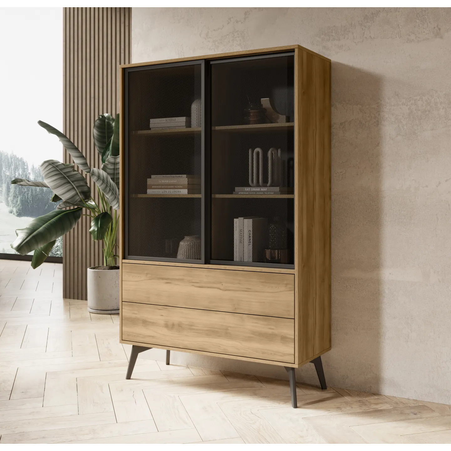 Vitrine SLIDE SZ-100 Eiche/Schwarz mit Glasfront
