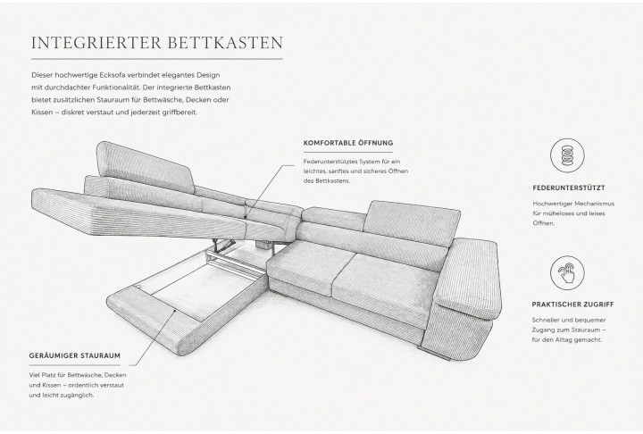 Cord Ecksofa VOYAGE mit Schlaffunktion & Bettkasten | Goldstoff24