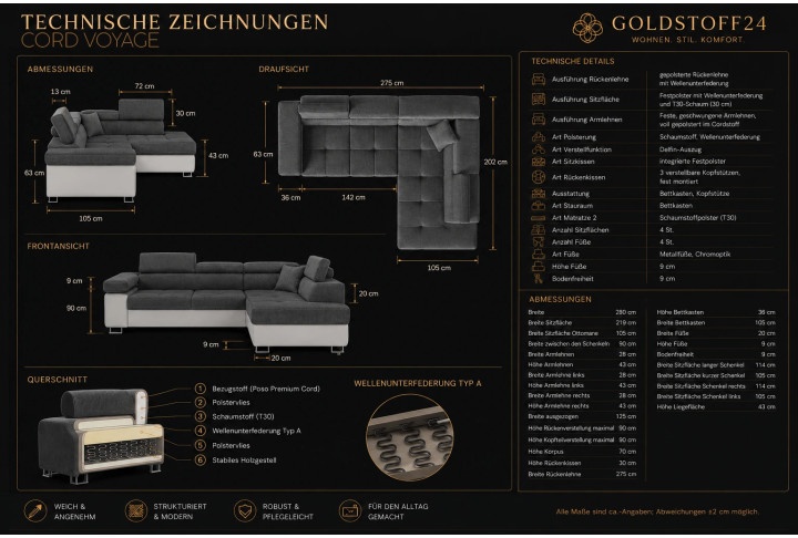 Cord Ecksofa VOYAGE mit Schlaffunktion & Bettkasten | Goldstoff24