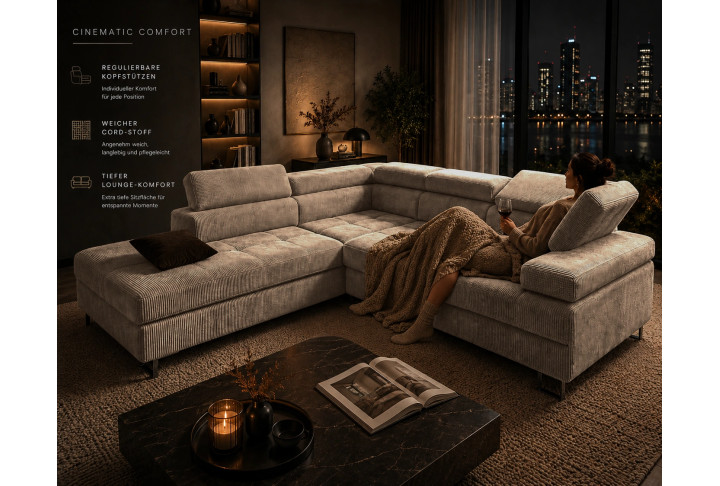 Cord Ecksofa VOYAGE mit Schlaffunktion & Bettkasten | Goldstoff24
