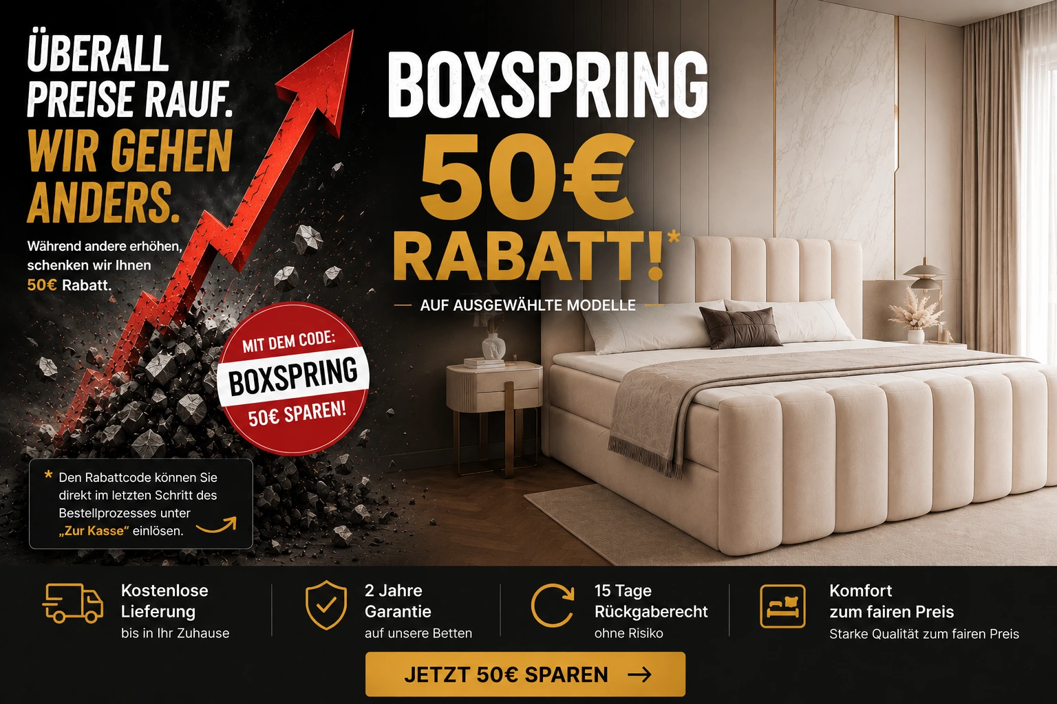 Boxspringbett Angebot: 50 Euro Rabatt mit dem Code BOXSPRING