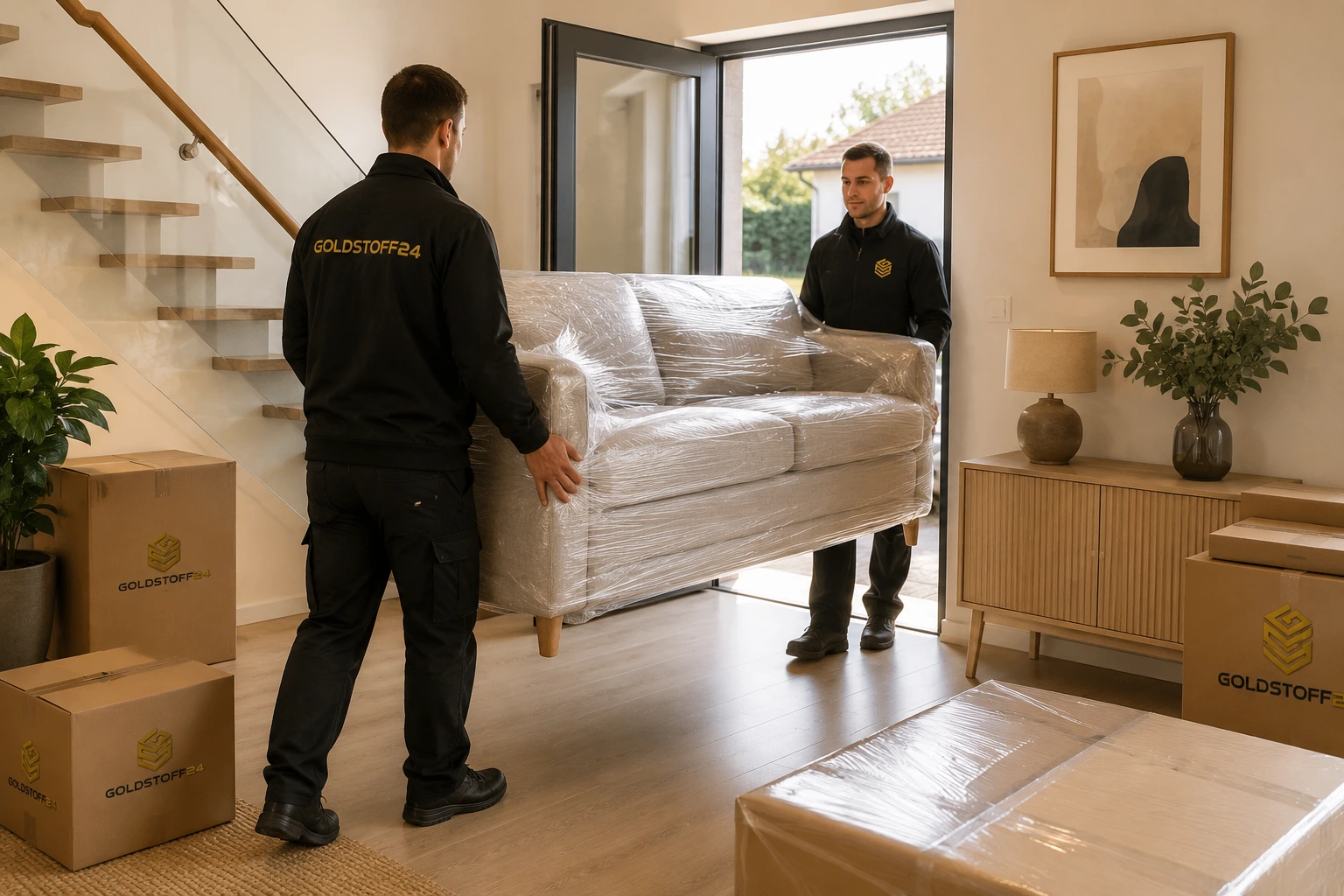 Modernes Wohnzimmer mit Sofa von Goldstoff24