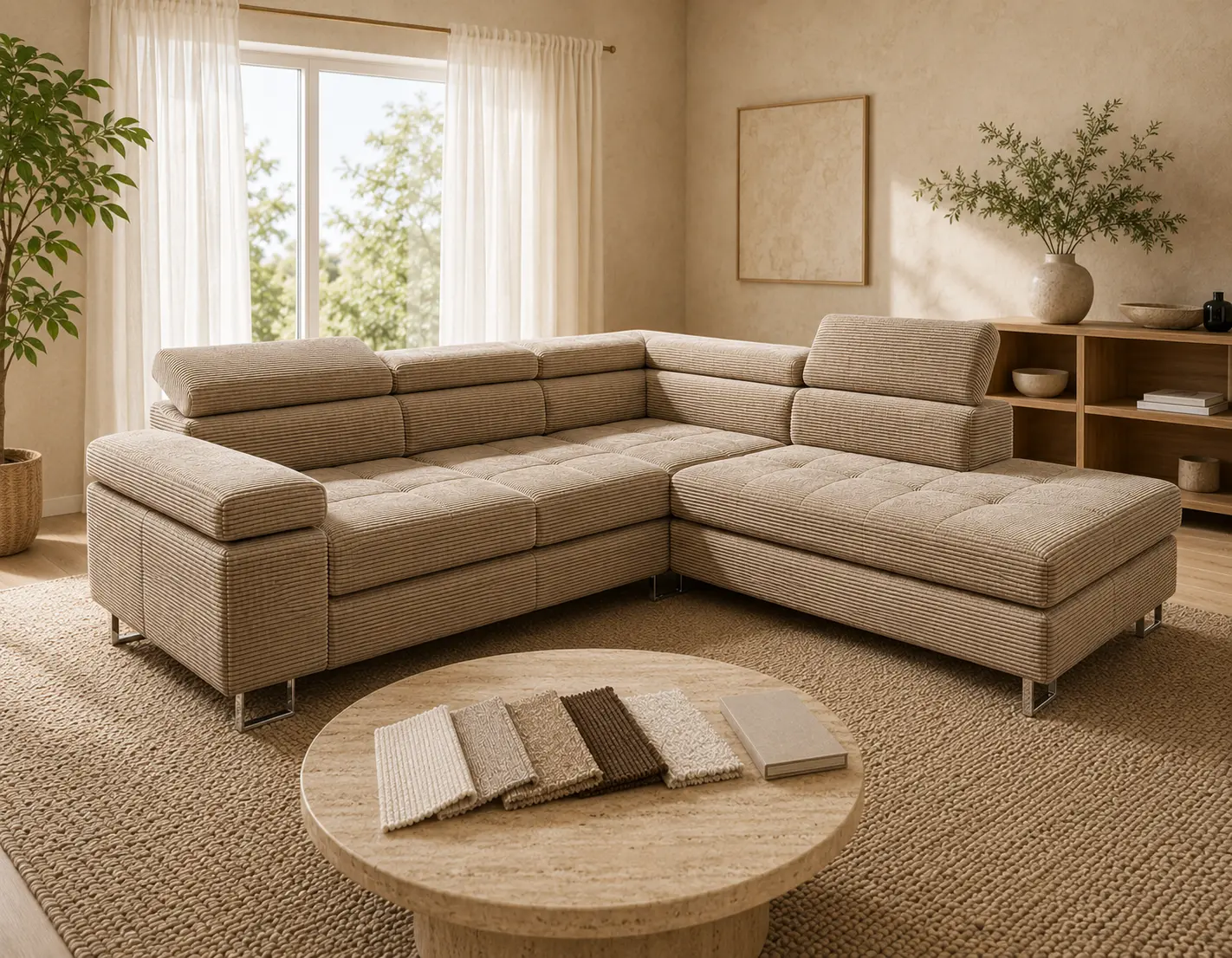 Beiges Cord-Ecksofa mit Stoffmustern in einem hellen Wohnzimmer